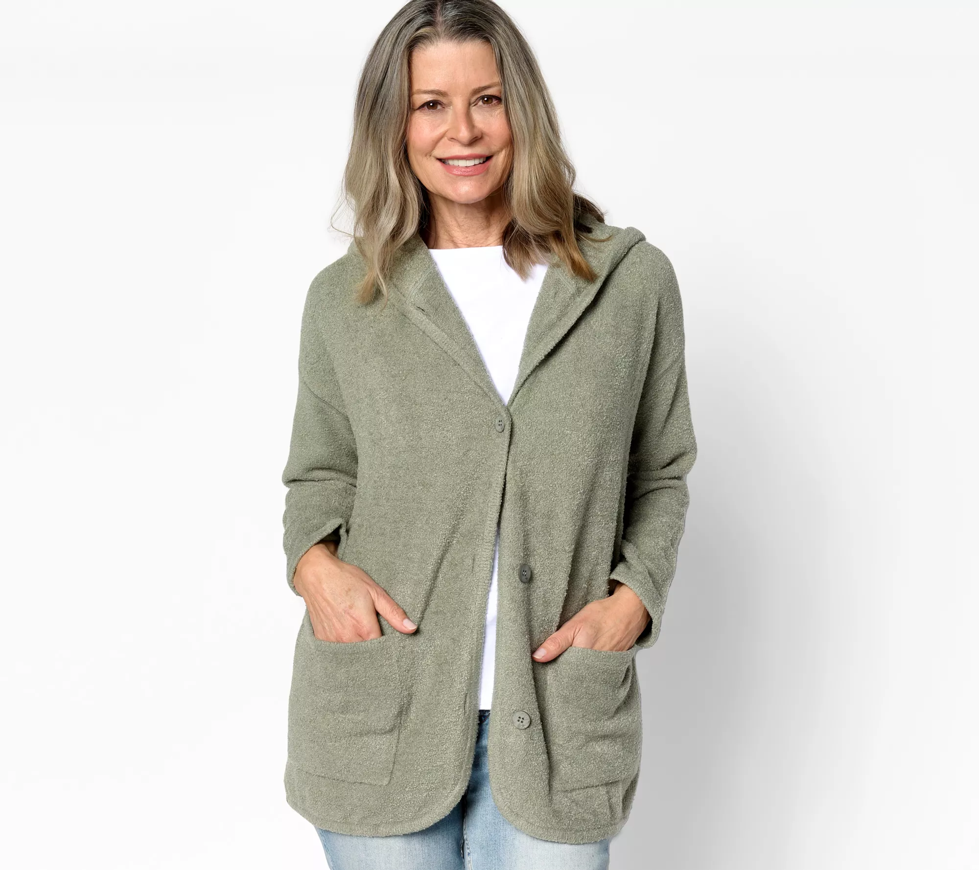 "As Is" Barefoot Dreams CozyChic Lite Curved Hem Hooded Jacket