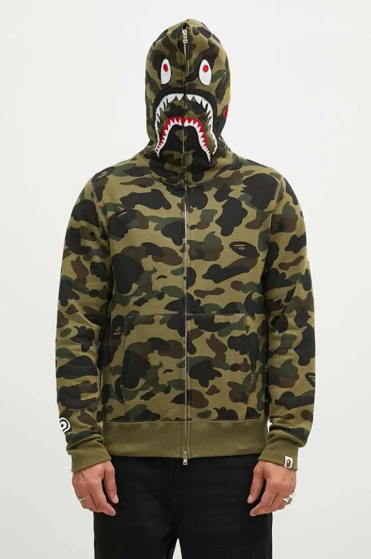 A Bathing Ape cotton sweatshirt 1St Camo 2Nd Shark Full Zip men's green color hooded 1K80115004