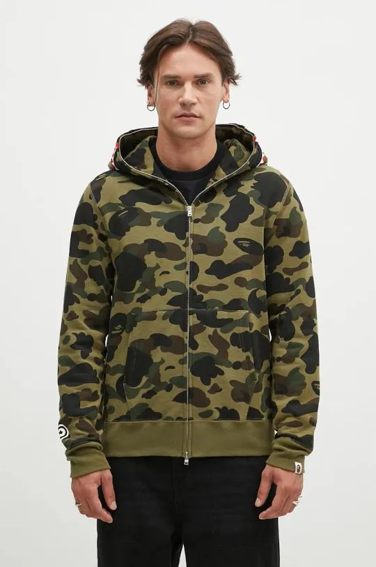 A Bathing Ape cotton sweatshirt 1St Camo 2Nd Shark Full Zip men's green color hooded 1K80115004