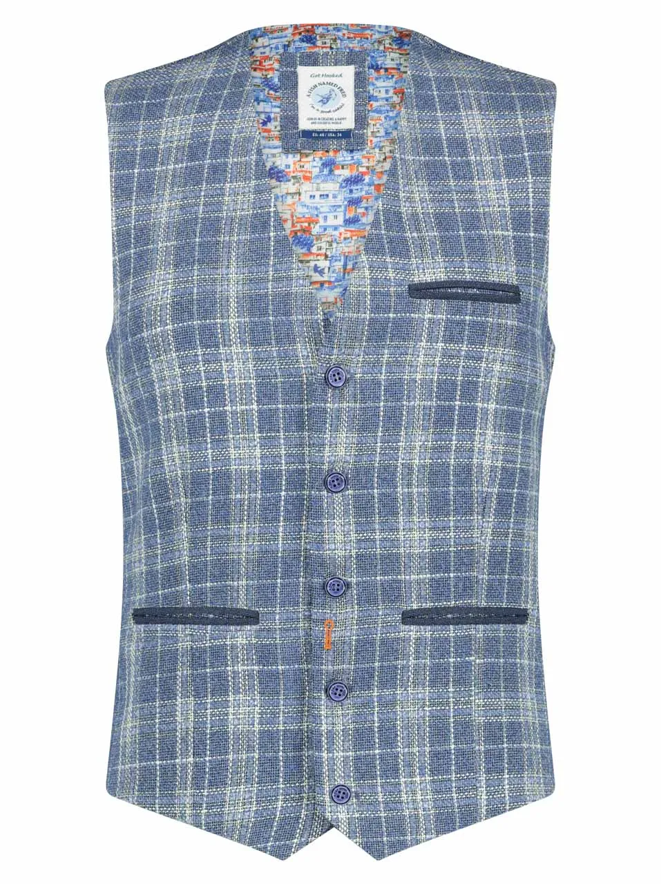 A Fish Named Fred Linen Check Waistcoat Lightt Blue