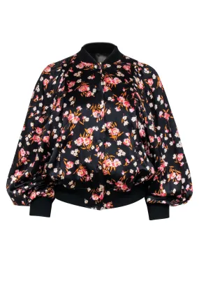 A.L.C. - Black w/ Pink Floral Print Silk Blend Bomber jacket Sz XS