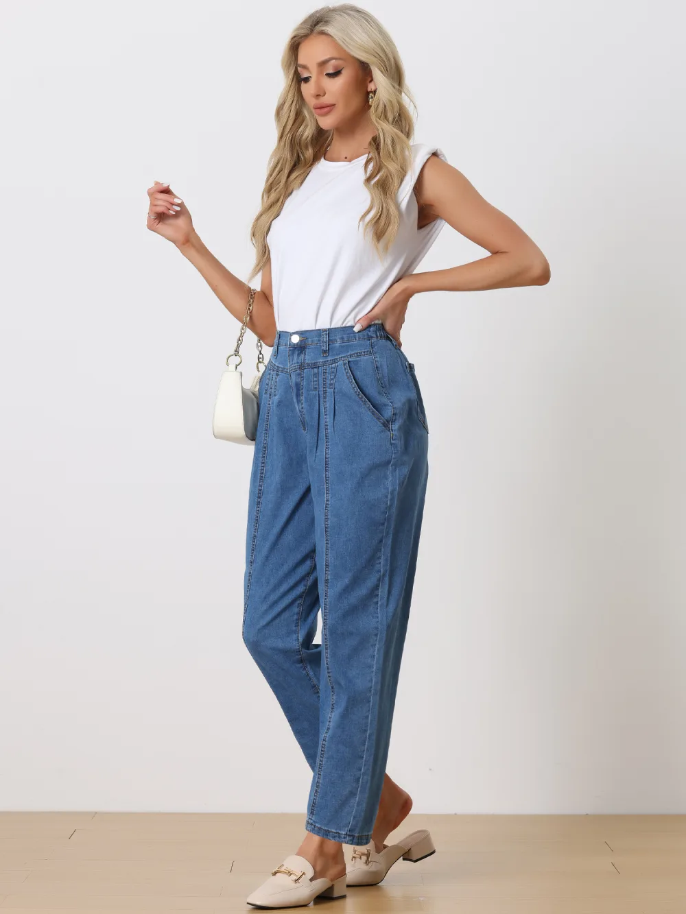 Allegra K - Casual High Elastic Tapered Mom Jeans