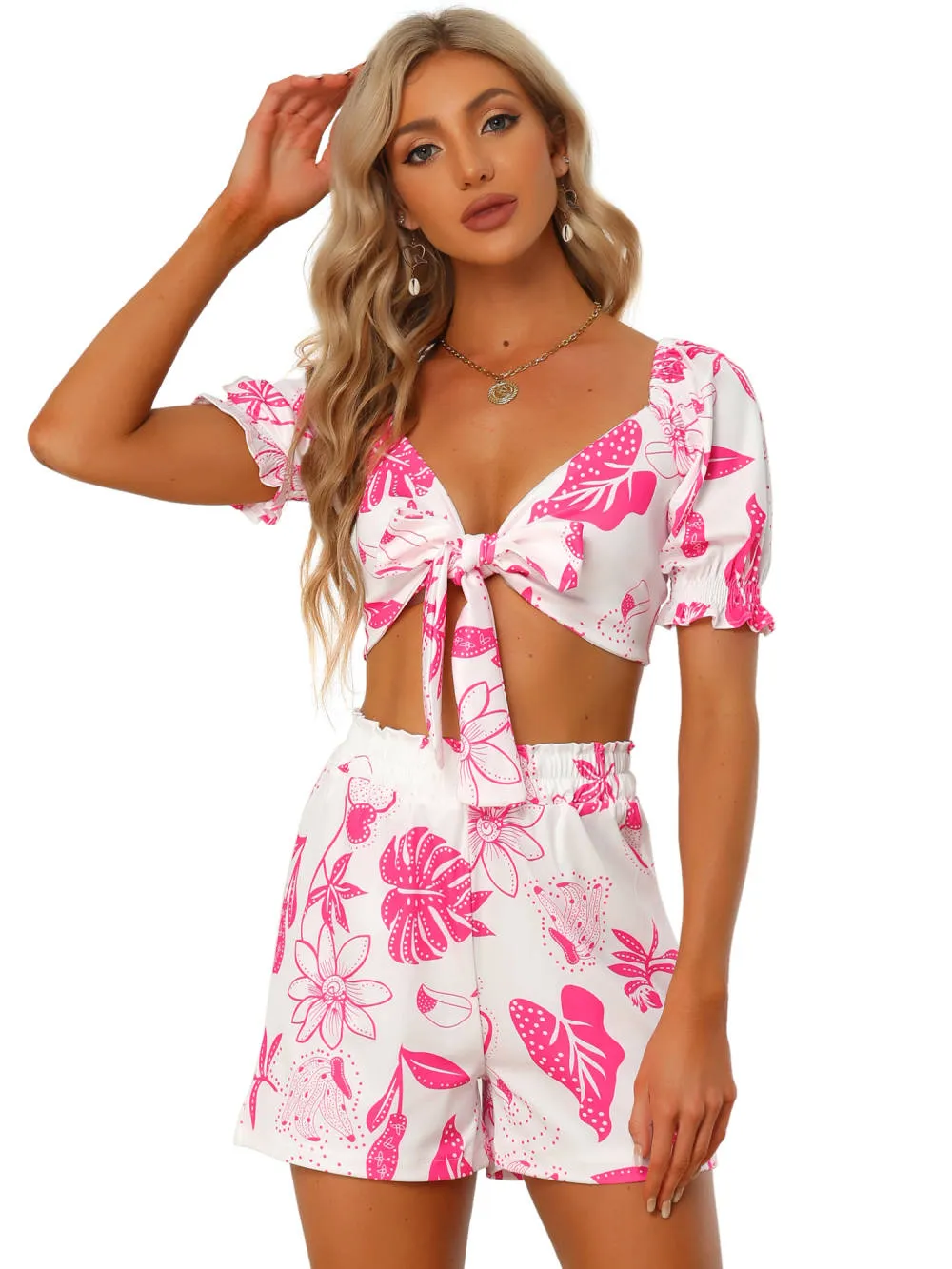 Allegra K- 2 Piece Romper Floral Knot Front Crop Top Shorts Set