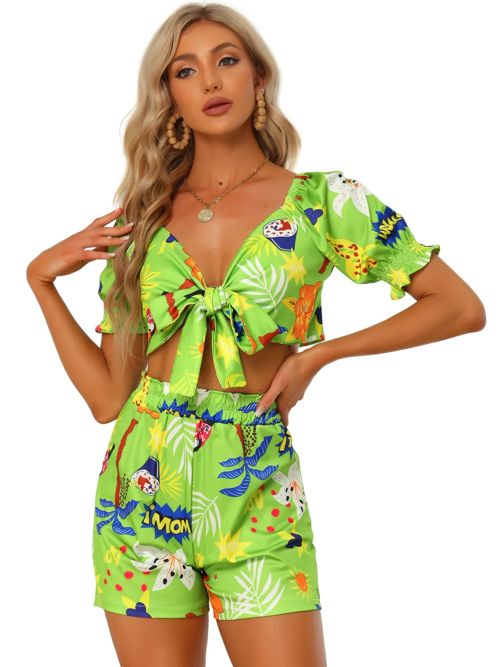 Allegra K- 2 Piece Romper Floral Knot Front Crop Top Shorts Set