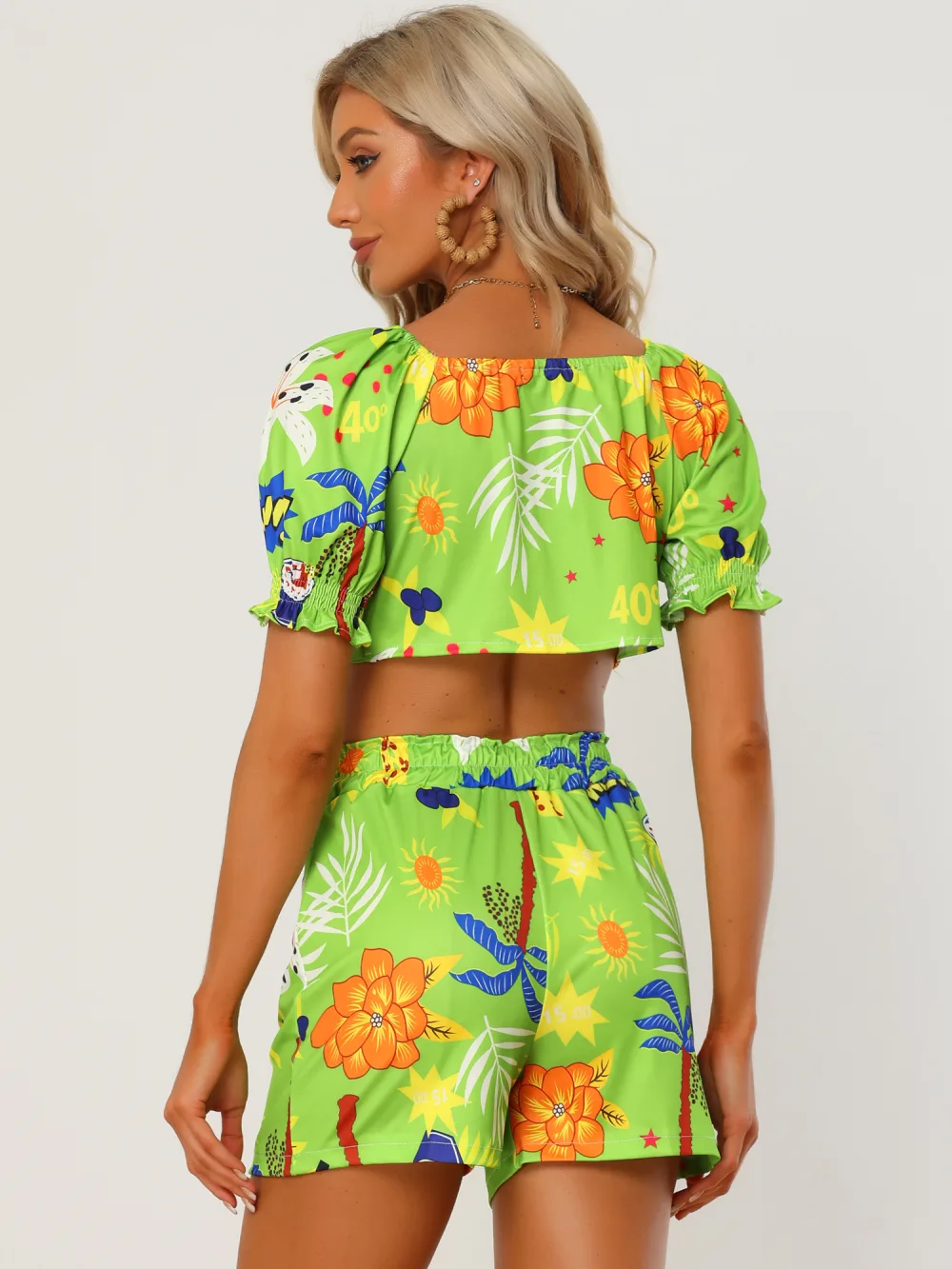 Allegra K- 2 Piece Romper Floral Knot Front Crop Top Shorts Set