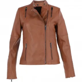 Ashwood Leather Mandarin Collar Ladies Biker Jacket - Tan: AWL-2003