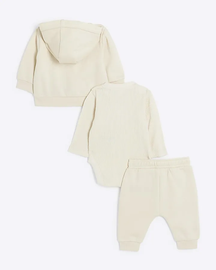 Baby boys beige zip up hoodie 3 piece set