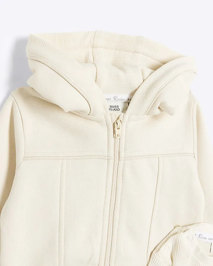 Baby boys beige zip up hoodie 3 piece set