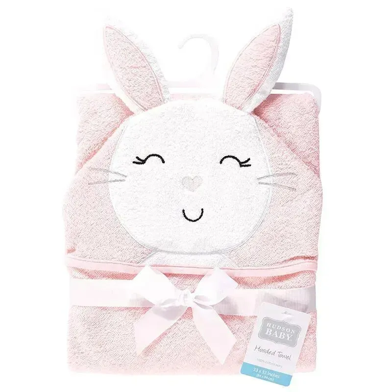 Baby Vision - Hudson Baby Cotton Animal Face Hooded Towel, Pink Bunny