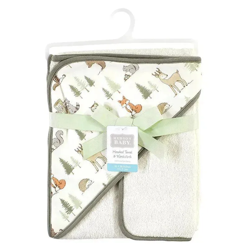 Baby Vision - Hudson Baby Cotton Hooded Towel and Washcloth, Forest Animals