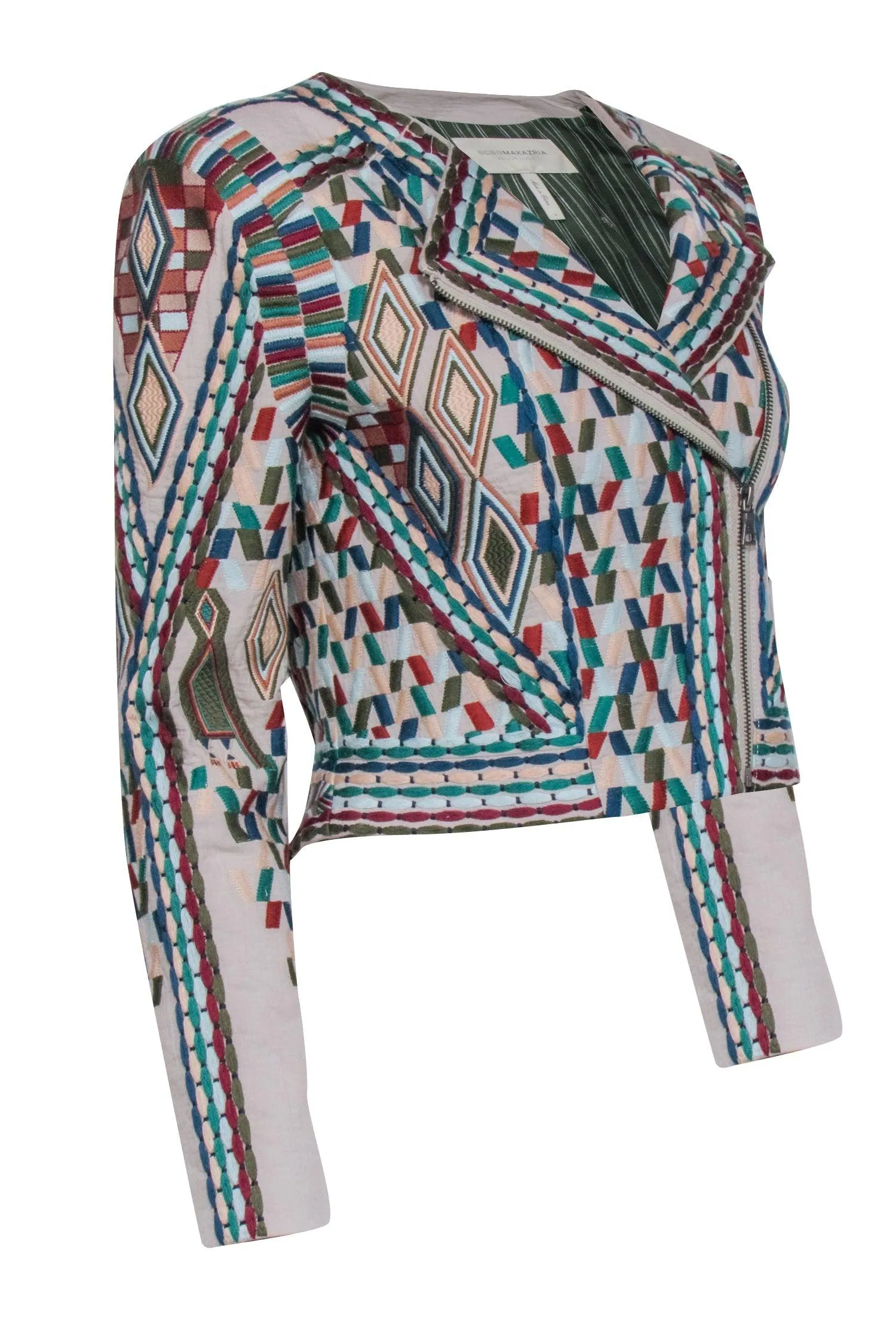 BCBG Max Azria Runway- Blush w/ Multi Color Embroidered Moto Zip Jacket Sz S