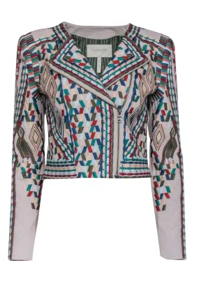 BCBG Max Azria Runway- Blush w/ Multi Color Embroidered Moto Zip Jacket Sz S