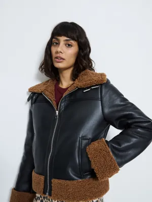 Black Faux Leather Borg Lined Aviator Jacket | Women | George at ASDA