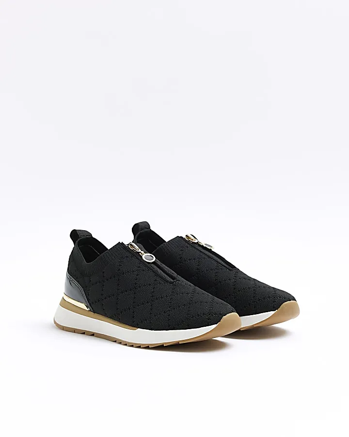 Black wide fit quilted zip trainers