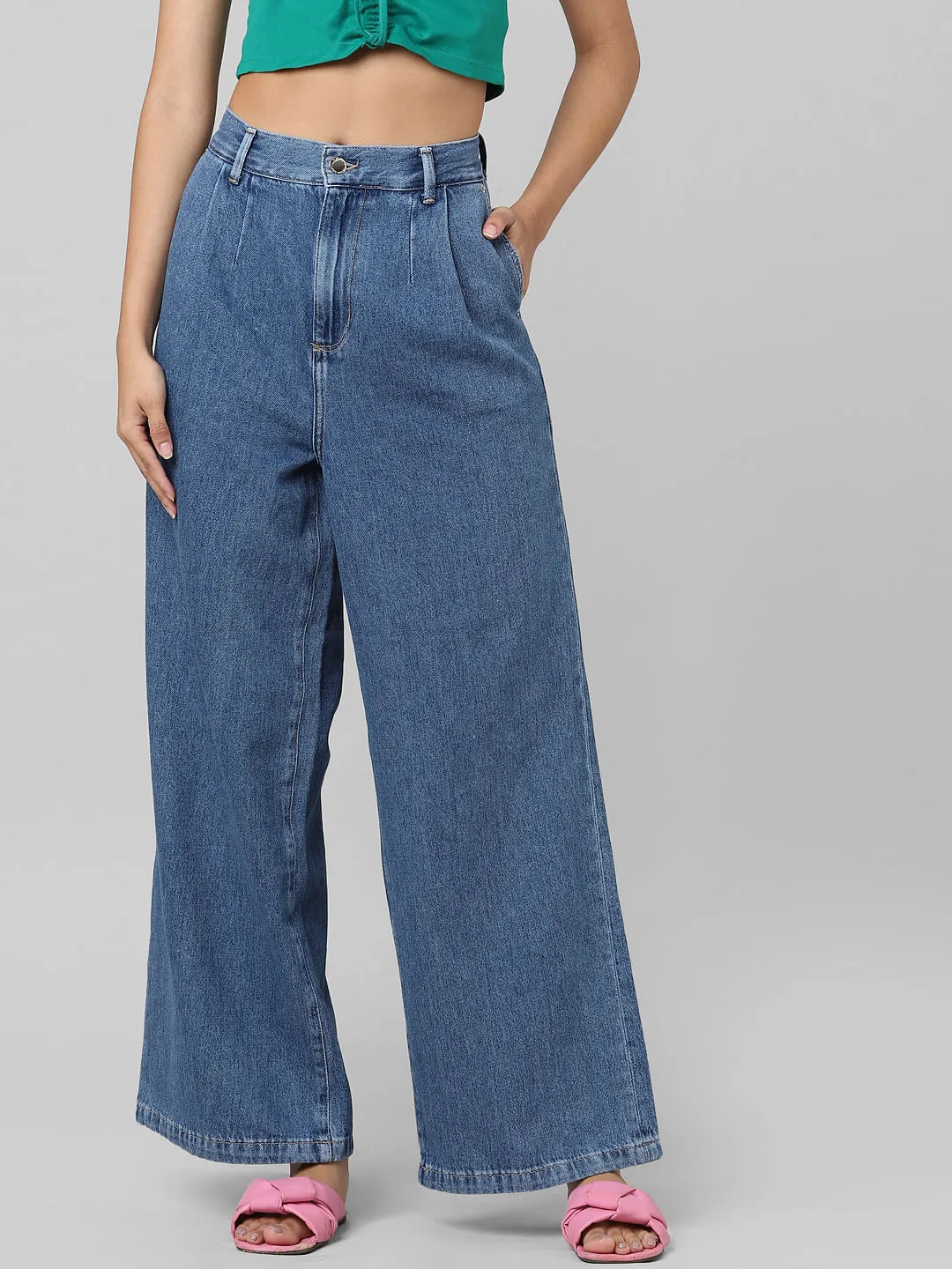 Blue Mid Rise Pleated Wide Leg Jeans