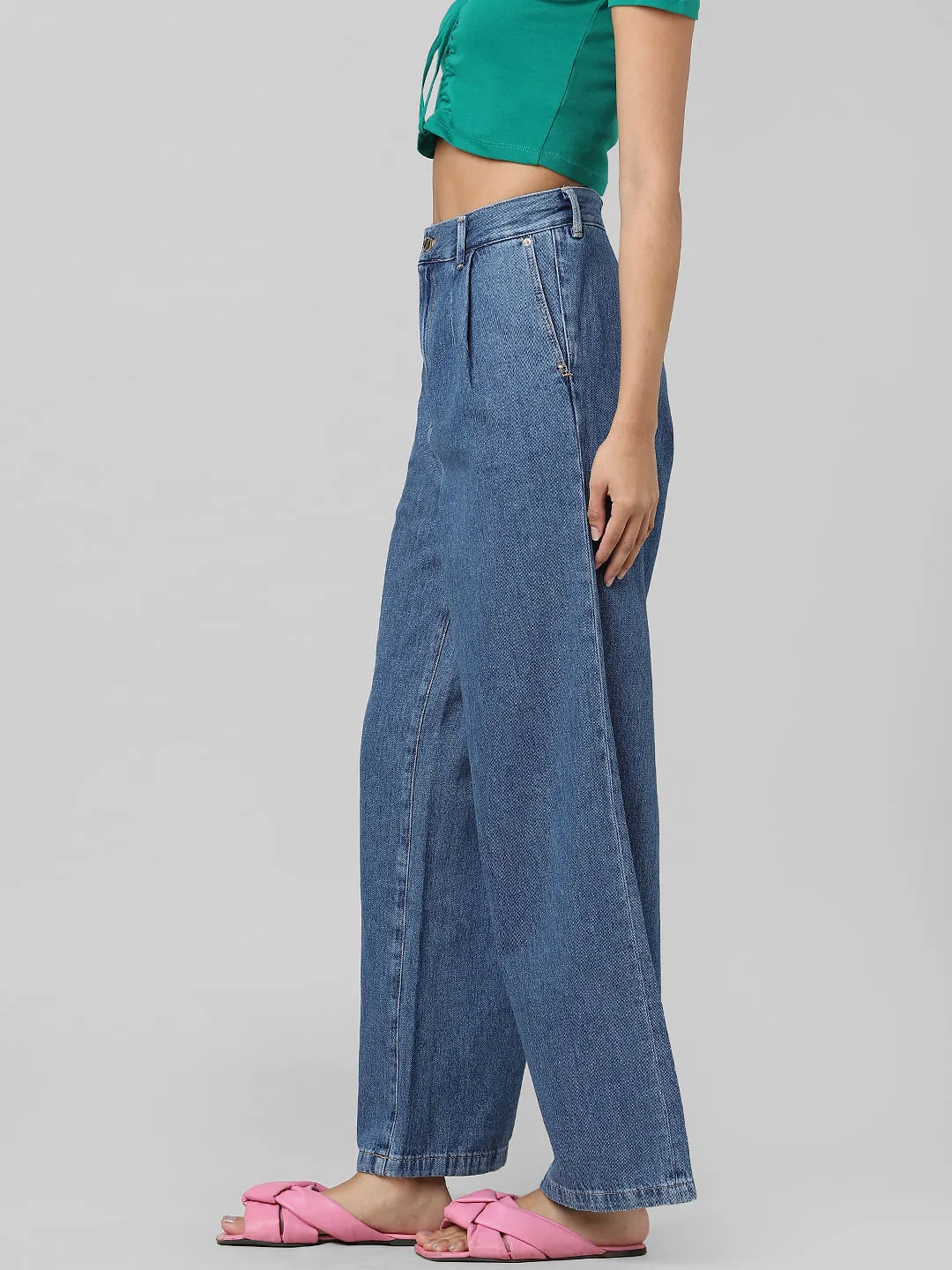 Blue Mid Rise Pleated Wide Leg Jeans