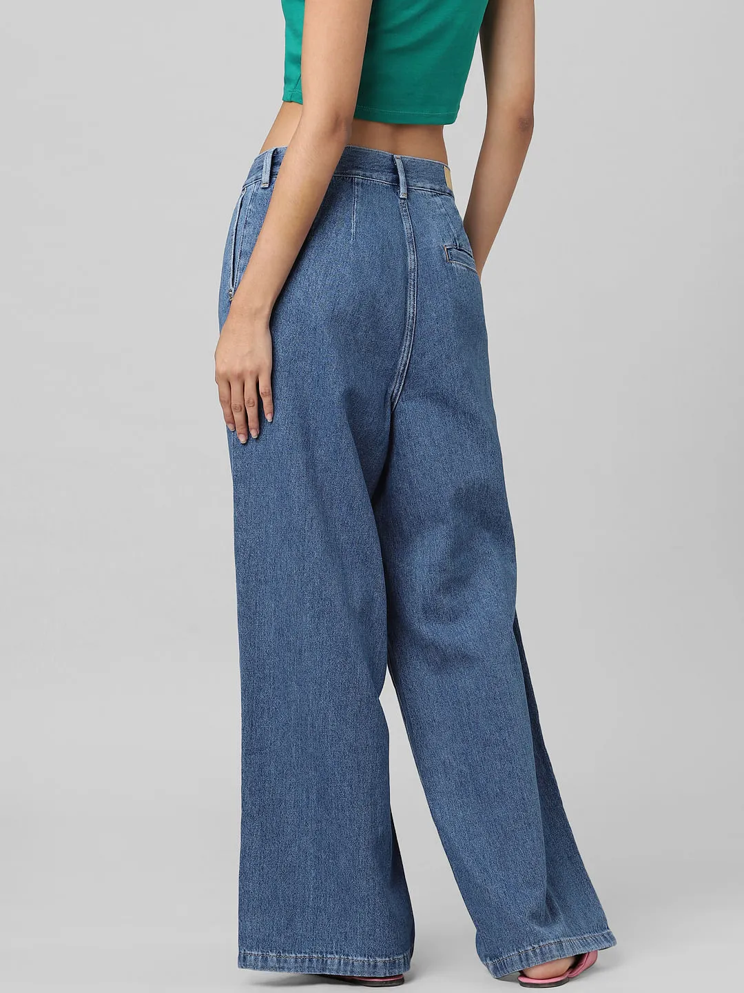 Blue Mid Rise Pleated Wide Leg Jeans