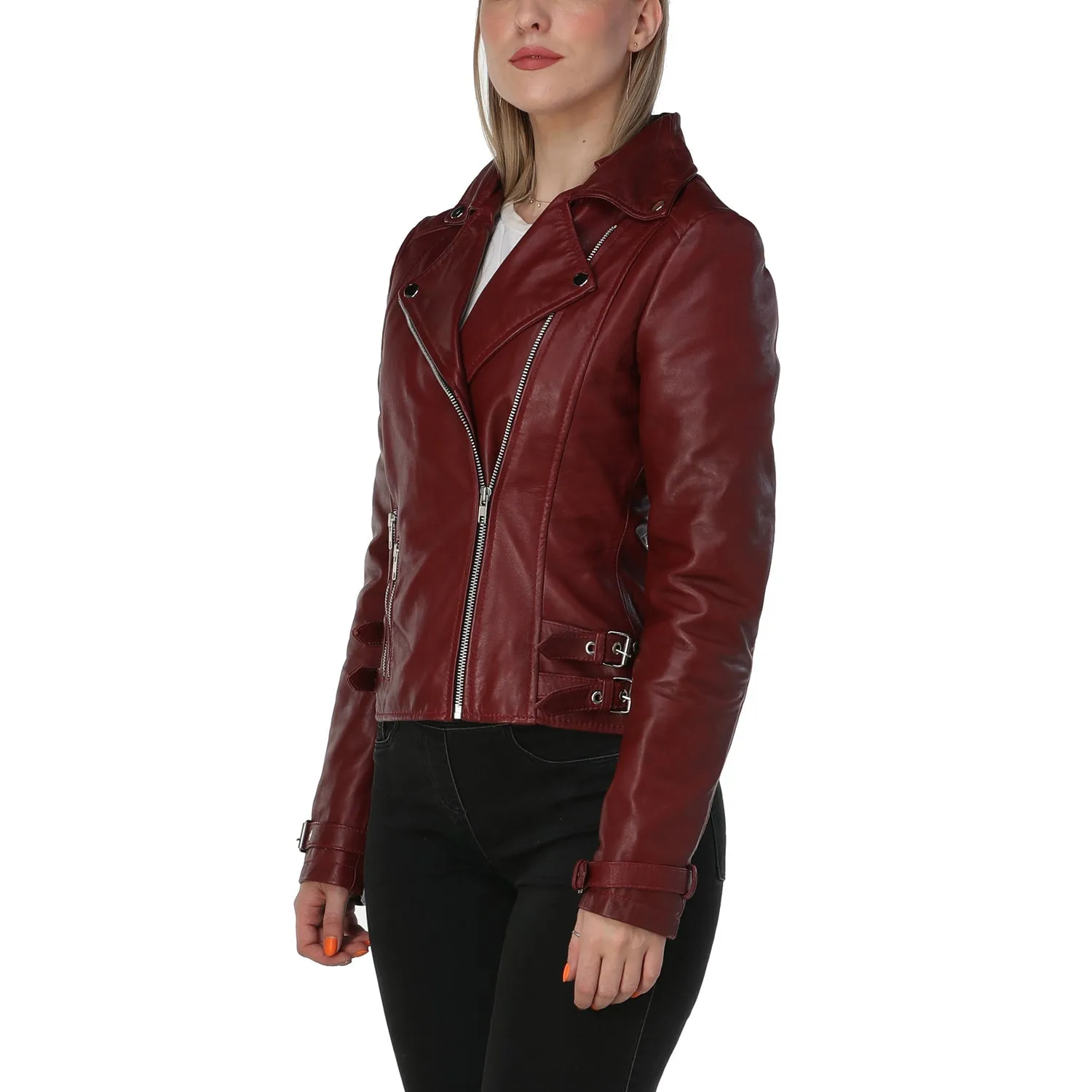 Burgundy Leather Jacket Womens with Asymmetric Zipper - Leather Skin Shop