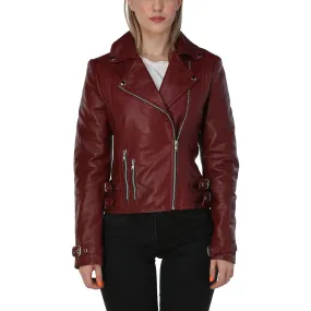 Burgundy Leather Jacket Womens with Asymmetric Zipper - Leather Skin Shop