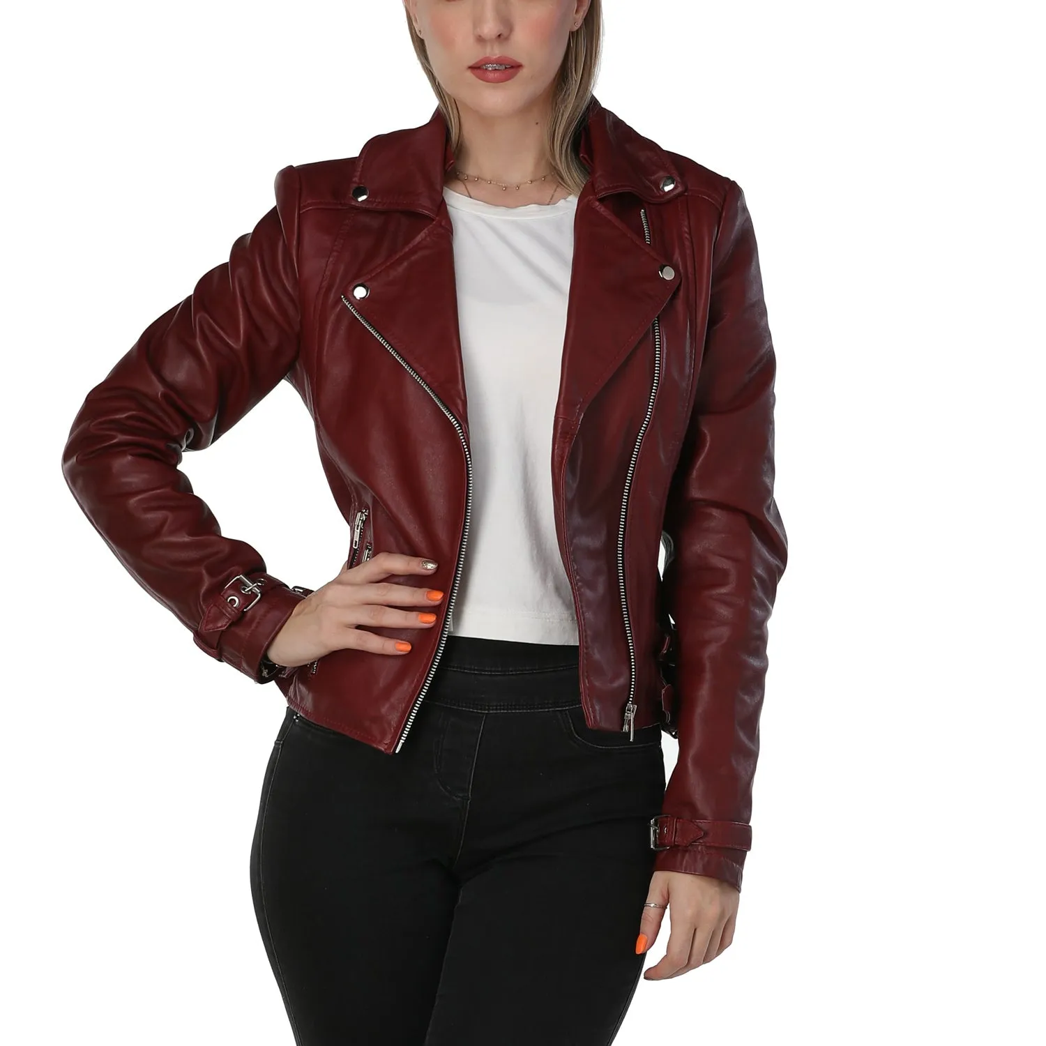 Burgundy Leather Jacket Womens with Asymmetric Zipper - Leather Skin Shop