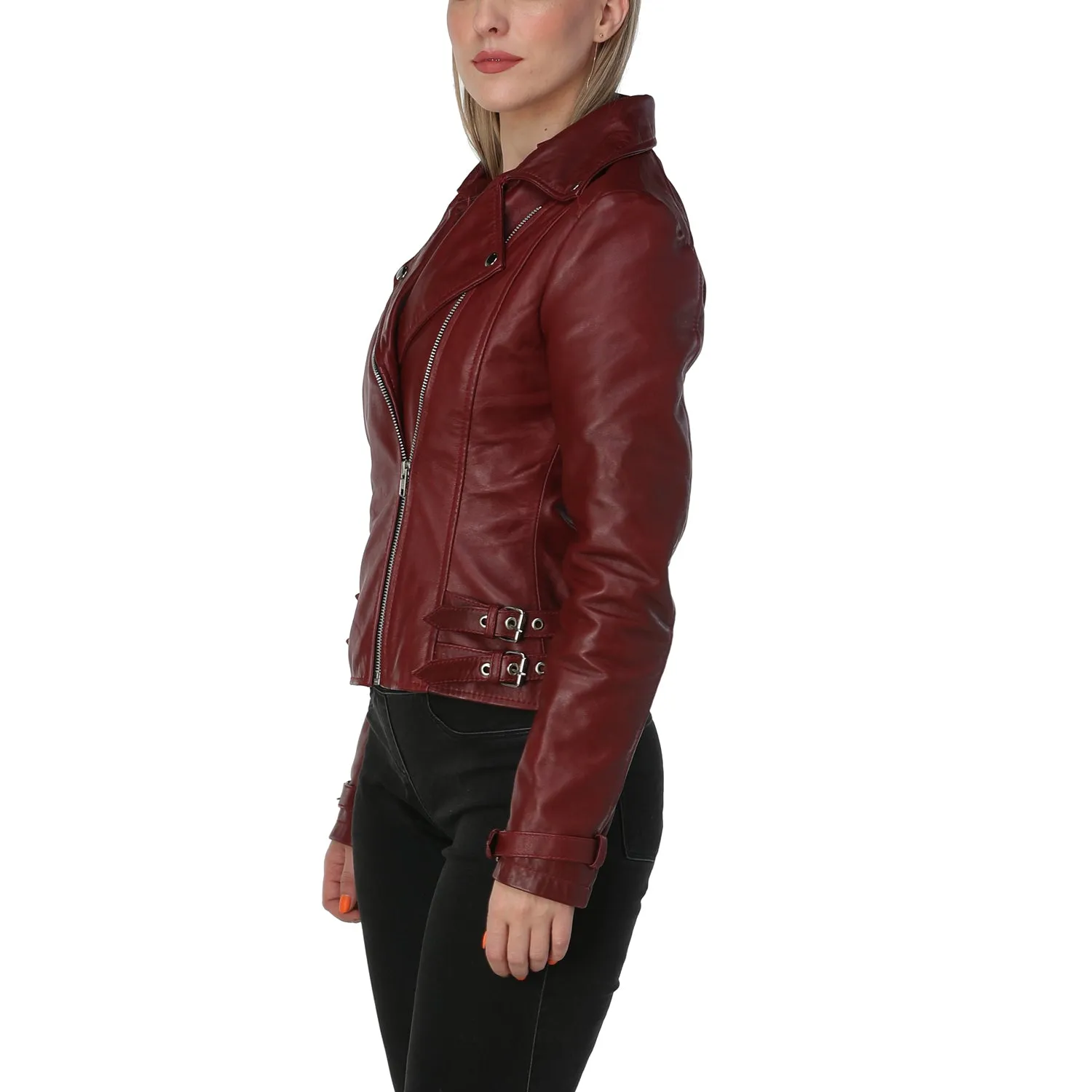 Burgundy Leather Jacket Womens with Asymmetric Zipper - Leather Skin Shop