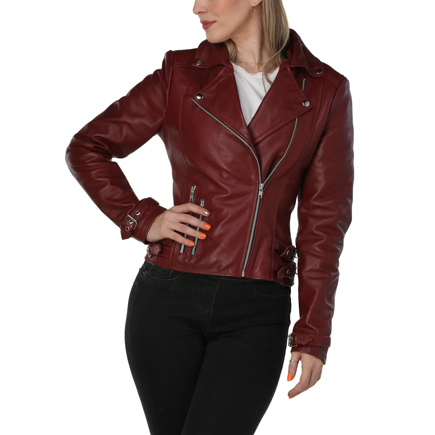 Burgundy Leather Jacket Womens with Asymmetric Zipper - Leather Skin Shop