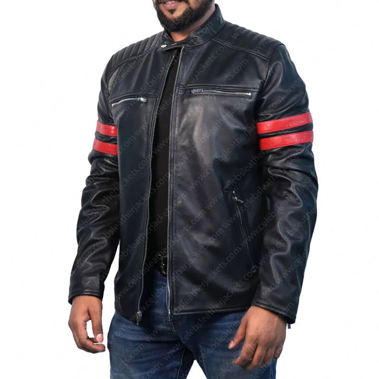 Cafe Racer Red Striped Real Lambskin Leather Jacket For Men