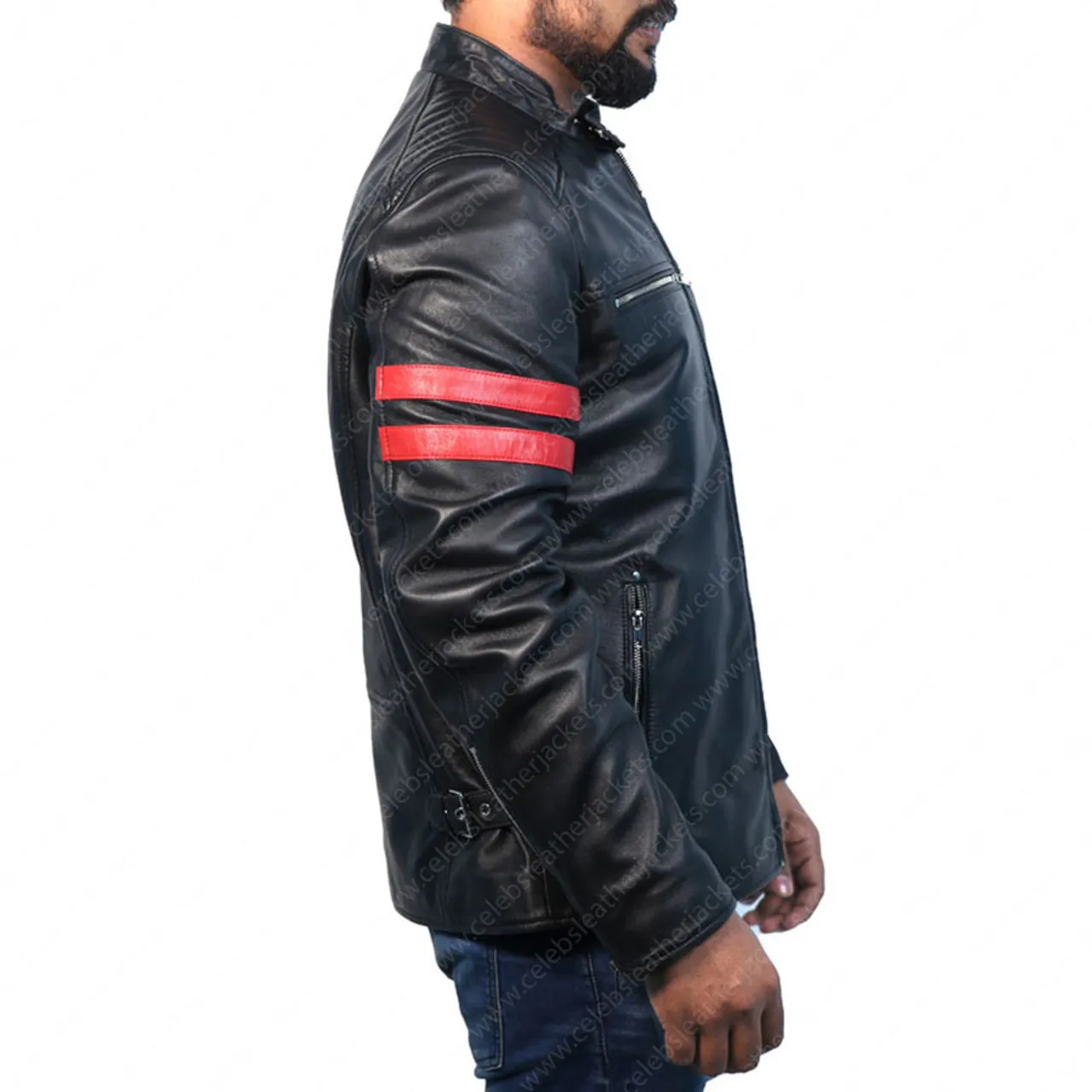 Cafe Racer Red Striped Real Lambskin Leather Jacket For Men