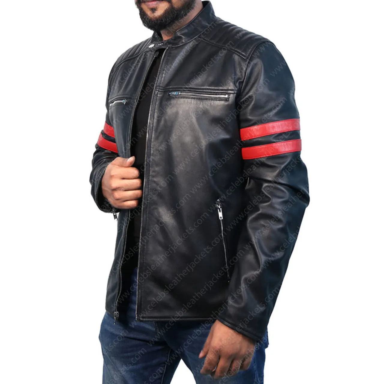 Cafe Racer Red Striped Real Lambskin Leather Jacket For Men