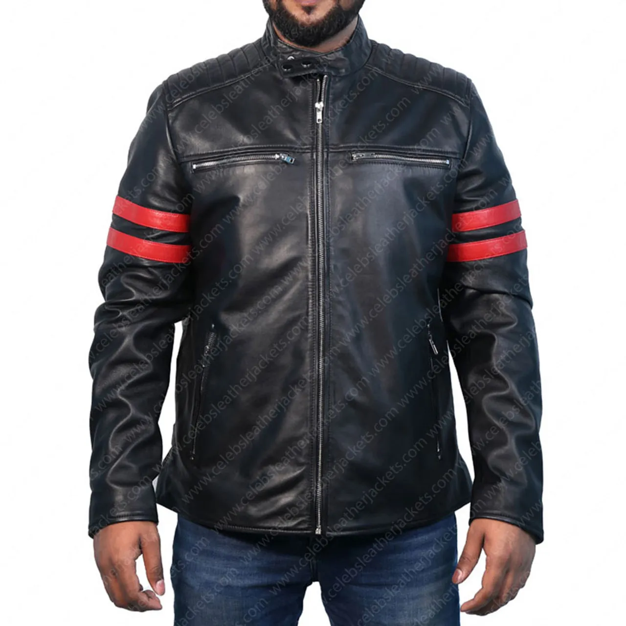 Cafe Racer Red Striped Real Lambskin Leather Jacket For Men