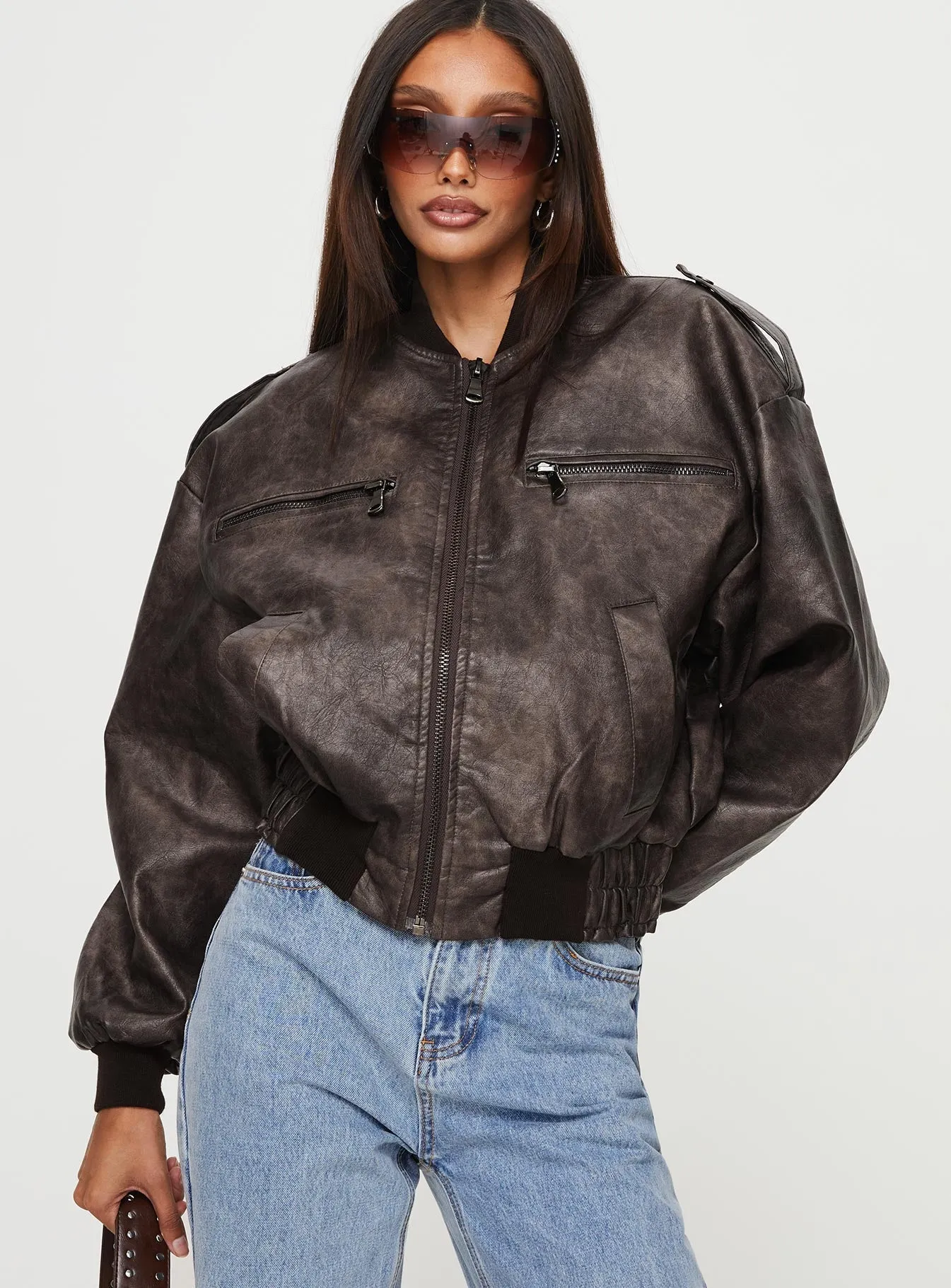 Casey Faux Leather Biker Jacket Chocolate