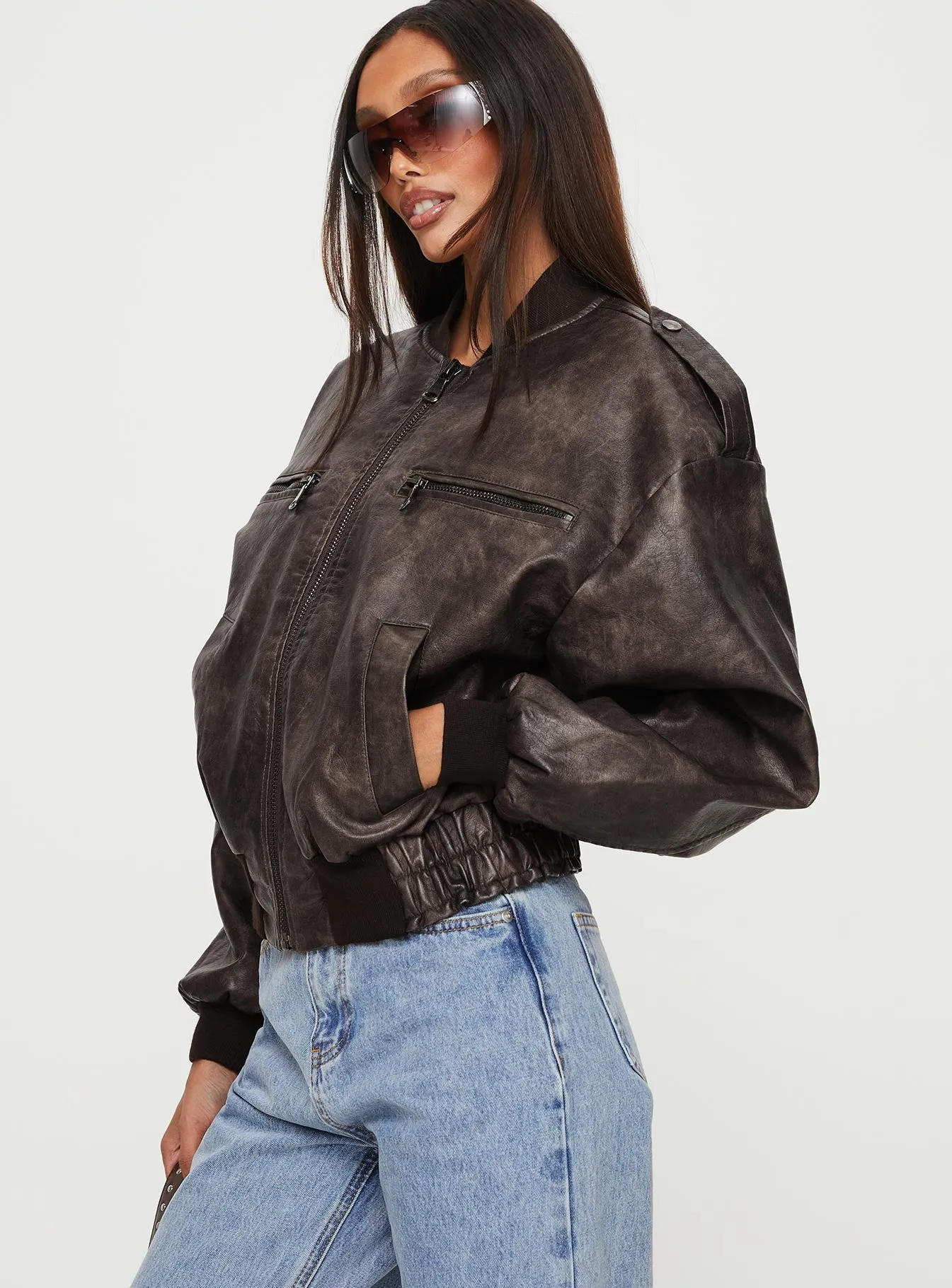 Casey Faux Leather Biker Jacket Chocolate