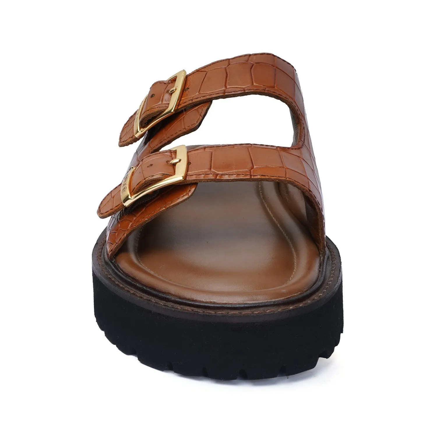 Chunky Sole Tan Slipper in Deep Cut Leather