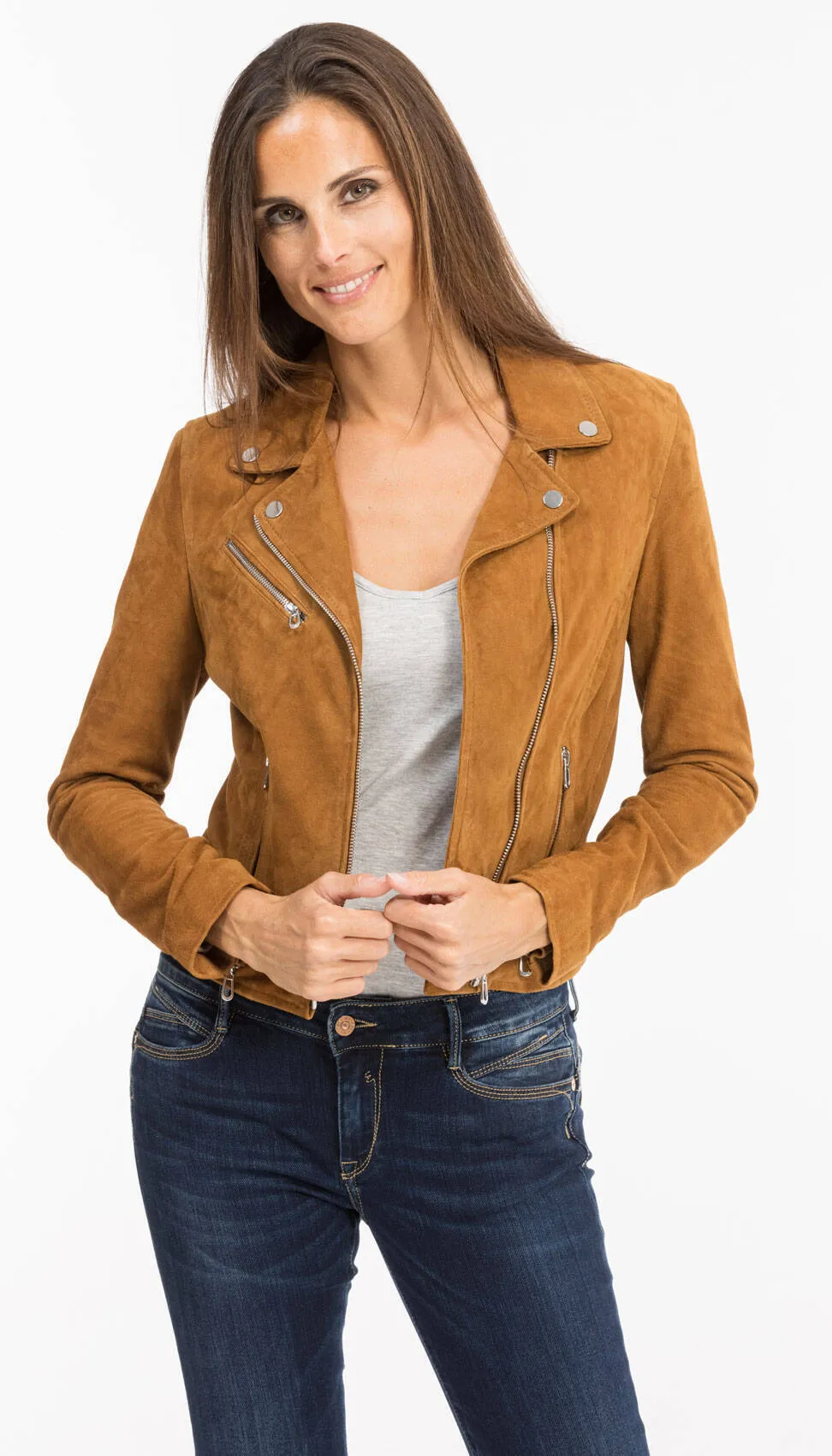 Cognac biker style leather jacket for women 101577