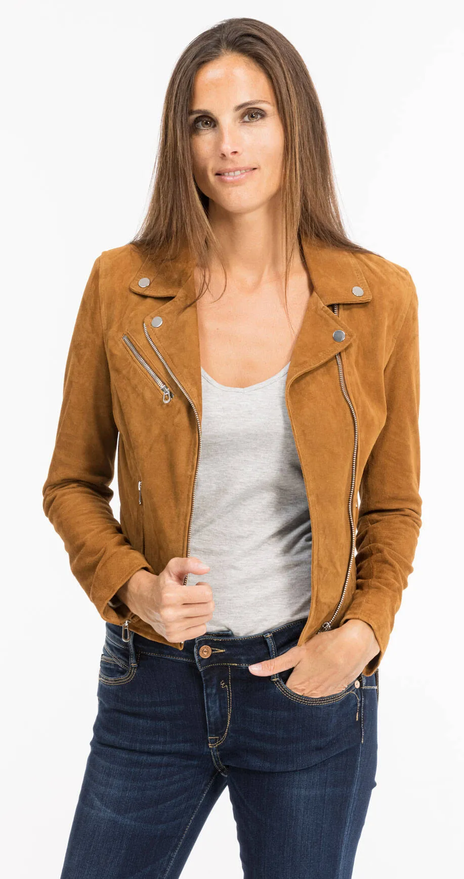 Cognac biker style leather jacket for women 101577