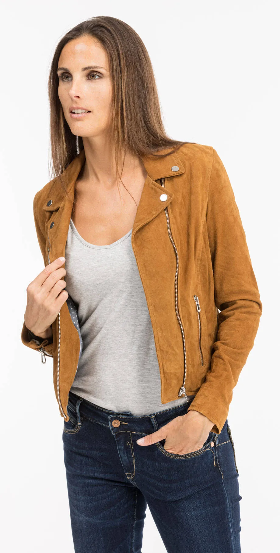 Cognac biker style leather jacket for women 101577