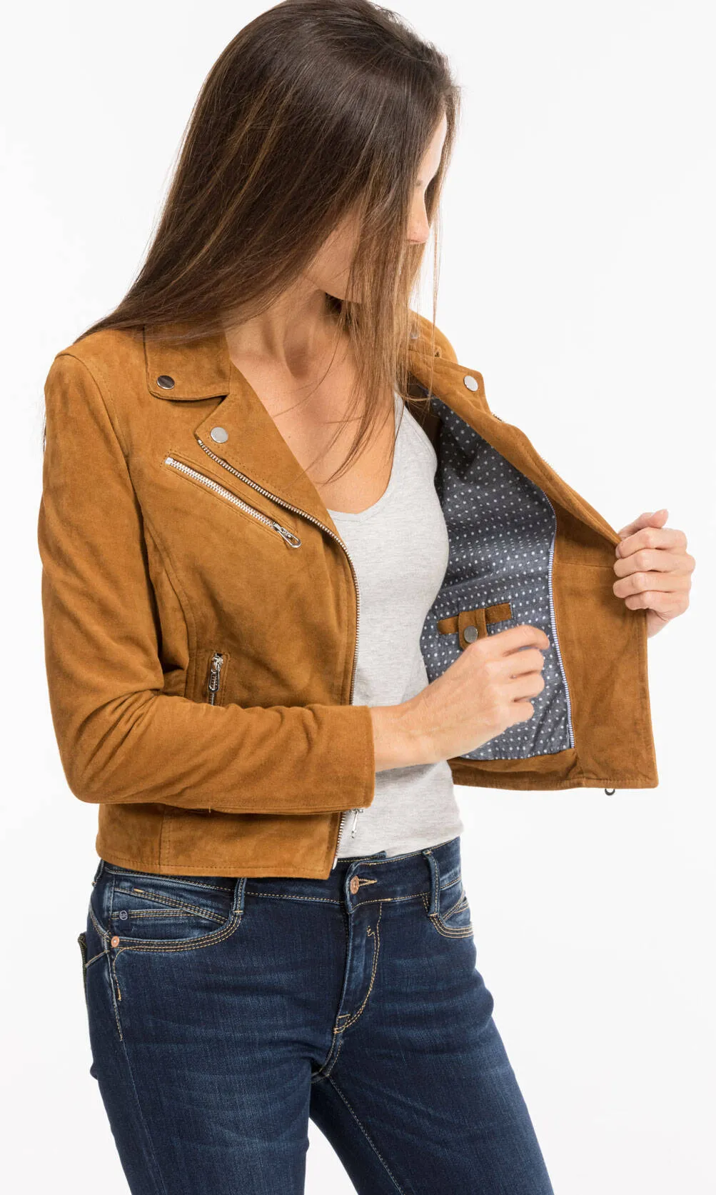 Cognac biker style leather jacket for women 101577