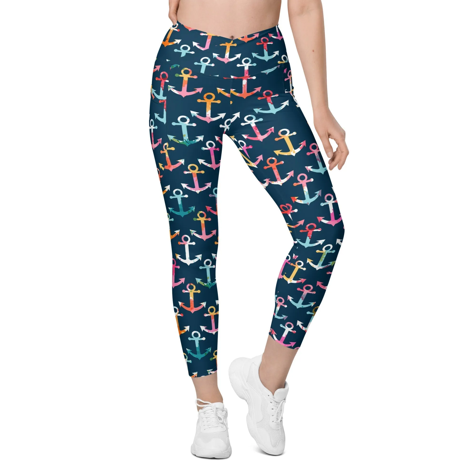 Colorful Anchor Crossover Leggings With Pockets