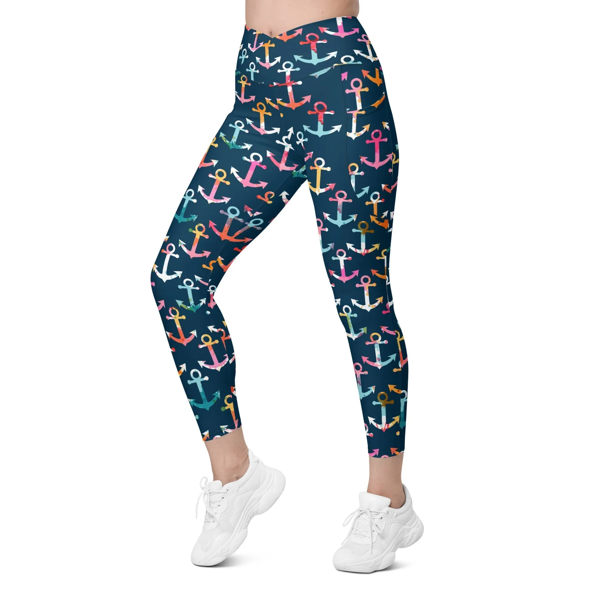 Colorful Anchor Crossover Leggings With Pockets