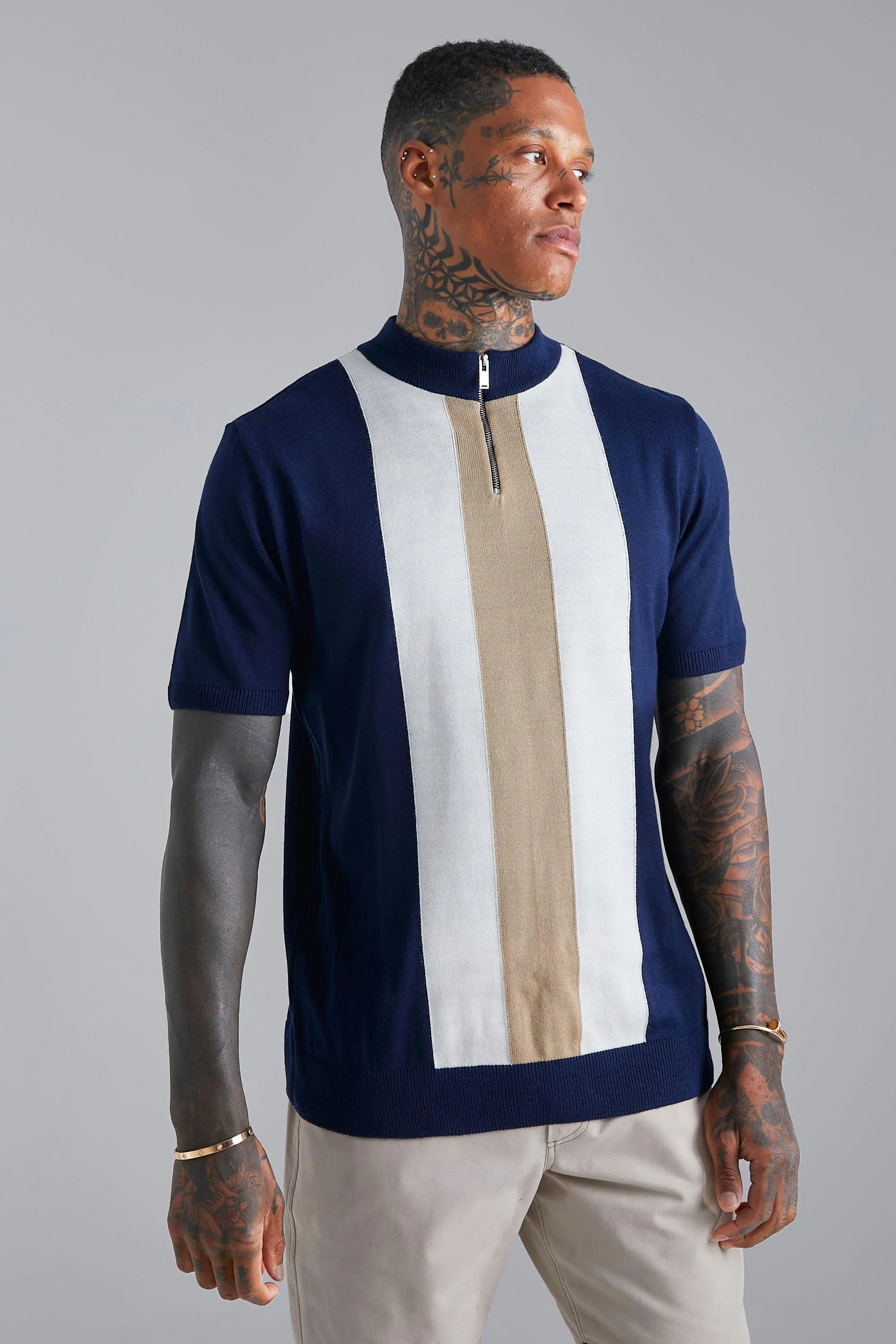 Colour Block Extended Neck Knitted Polo