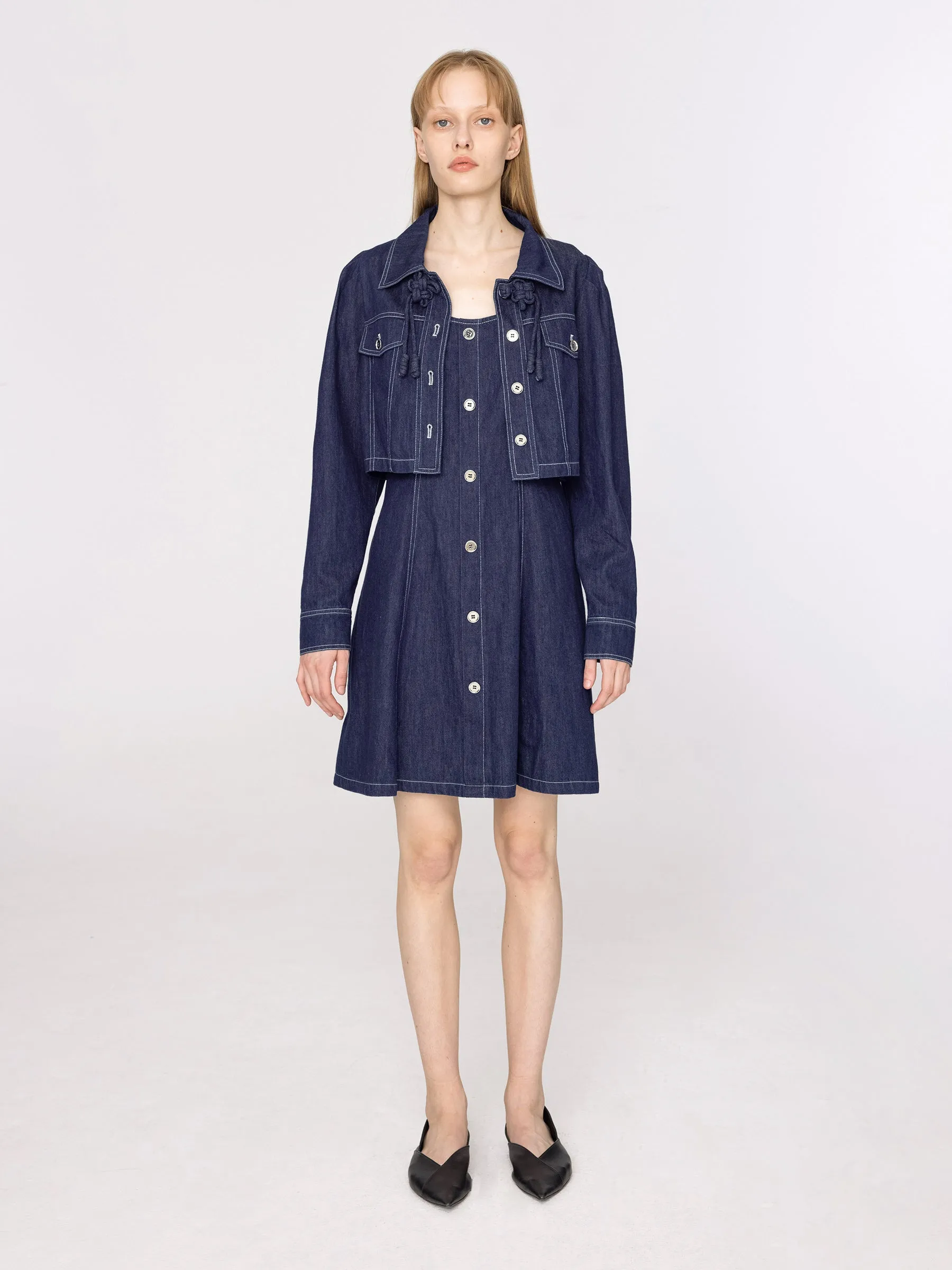 Cropped Denim Jacket and Denim A-line Dress Set