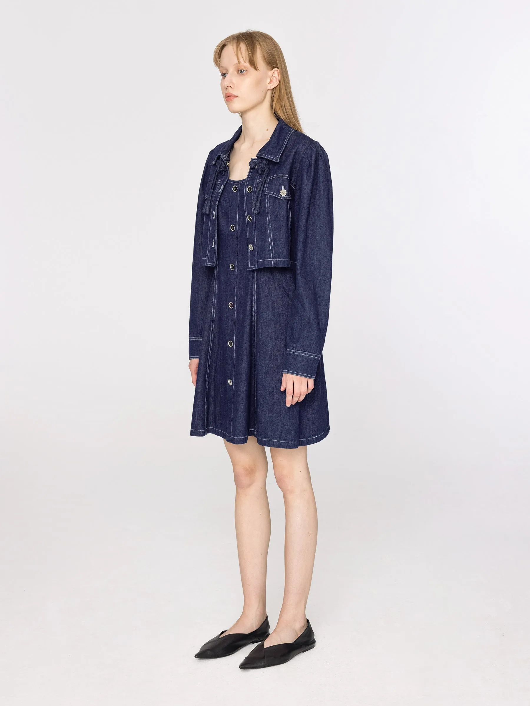 Cropped Denim Jacket and Denim A-line Dress Set