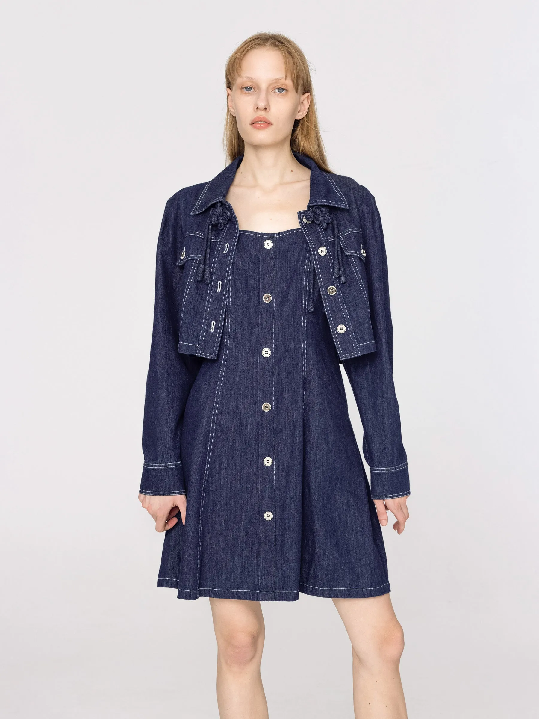 Cropped Denim Jacket and Denim A-line Dress Set