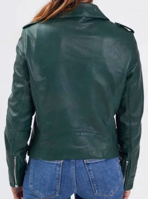 Dark green women's leather jacket biker style 101997