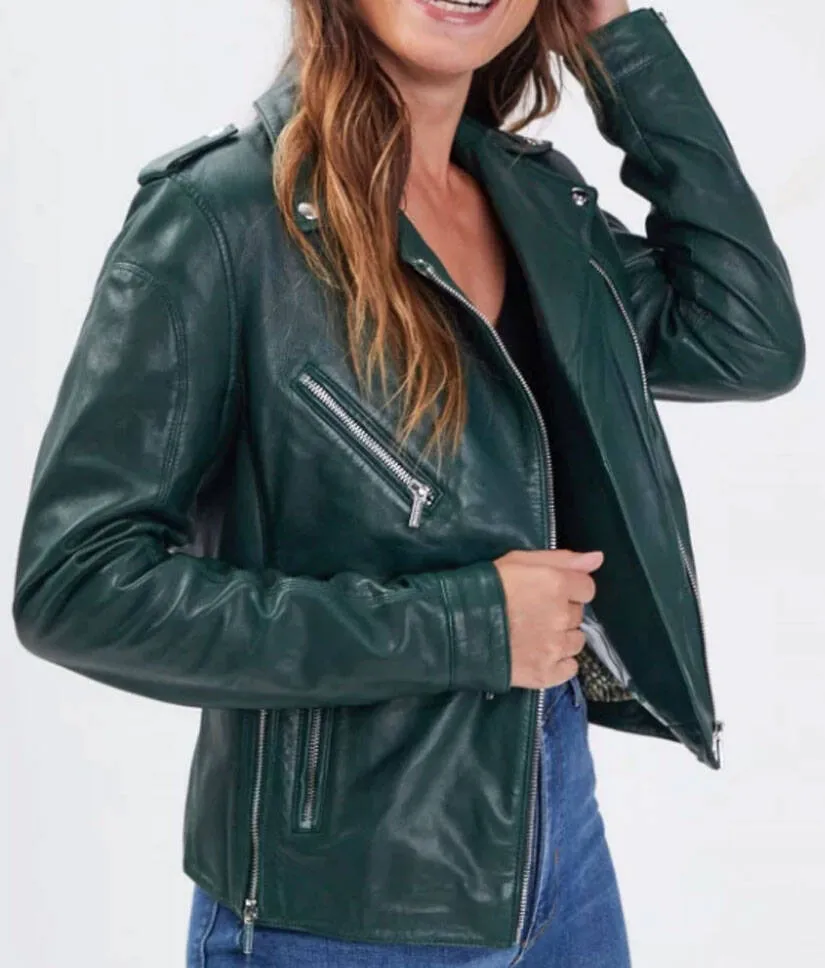 Dark green women's leather jacket biker style 101997