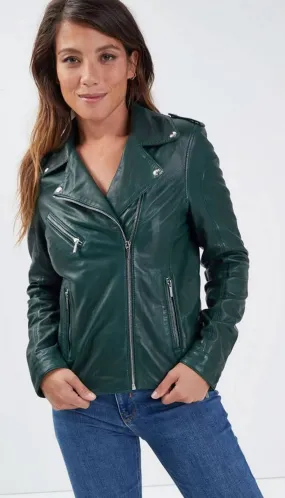 Dark green women's leather jacket biker style 101997