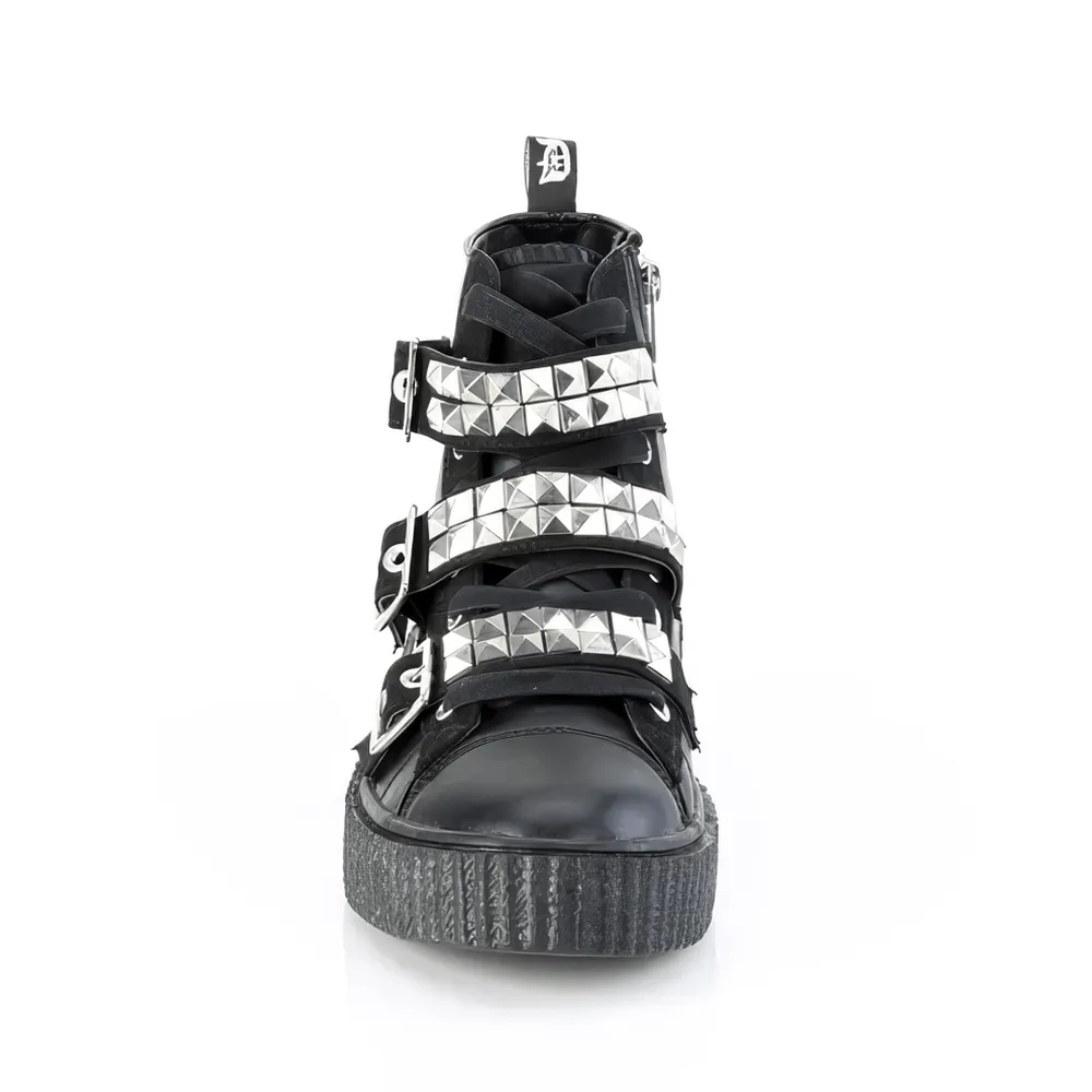 DEMONIA Studded High-Top Creeper Sneakers with Buckles