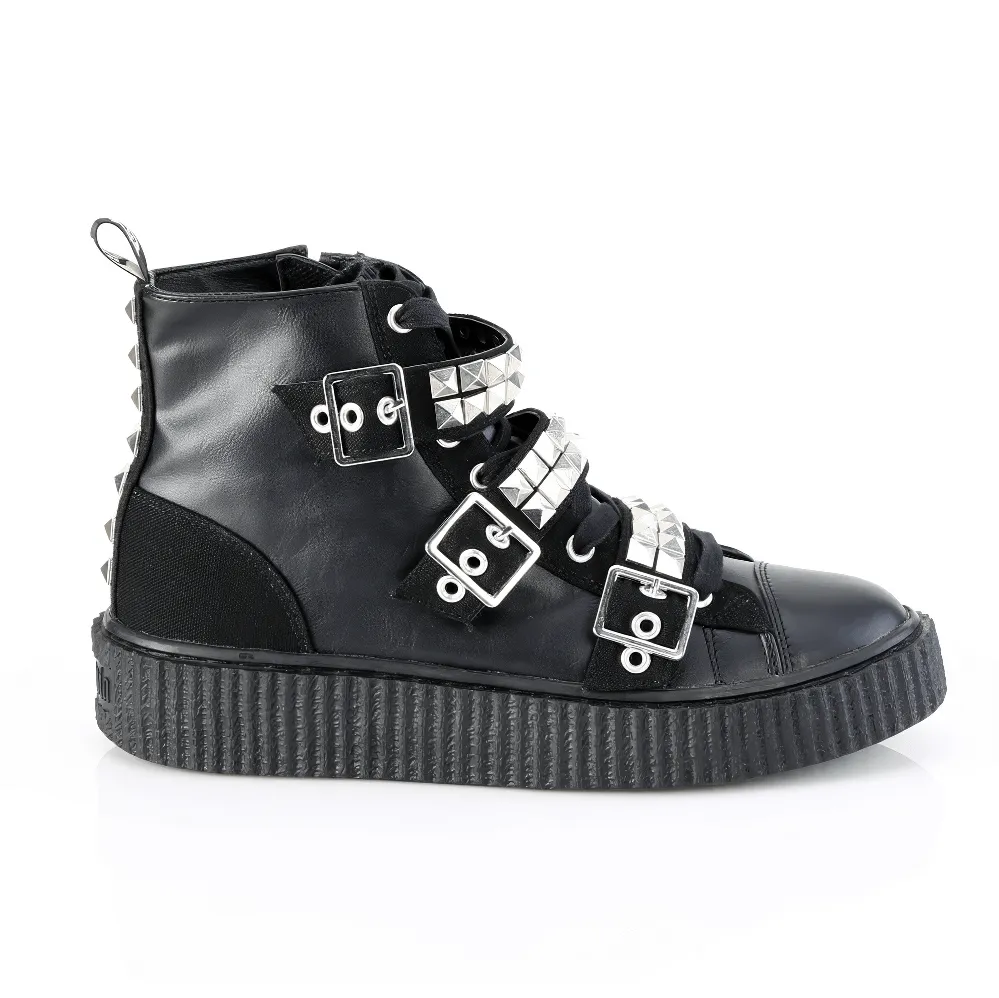 DEMONIA Studded High-Top Creeper Sneakers with Buckles