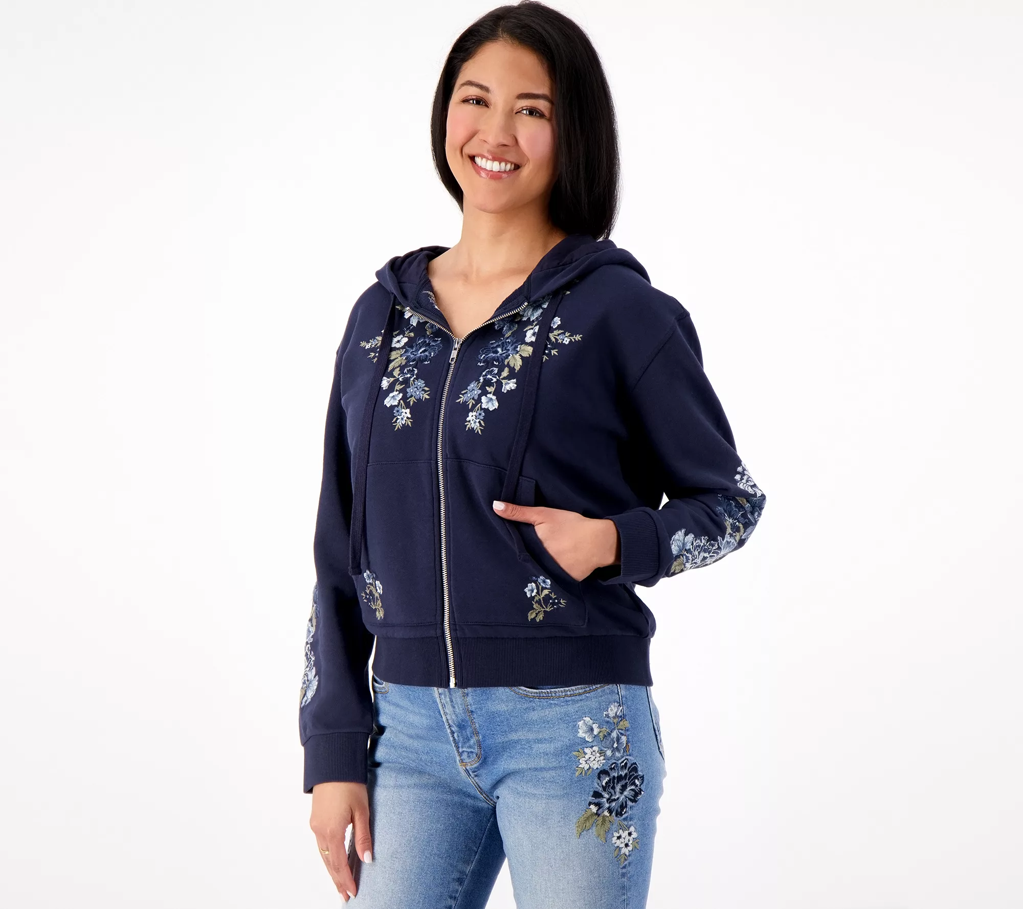 Driftwood Jeans Embroidered Zip-Up Hoodie- Blue Bell Fleur