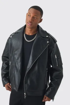 Extreme Oversized Textured Pu Biker Jacket In Black | boohooMAN UK